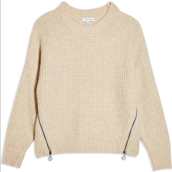 LAST CHANCE! NWOT Topshop Oatmeal Zip Detail Waffle Knit Sweater - M - Picture 3 of 4